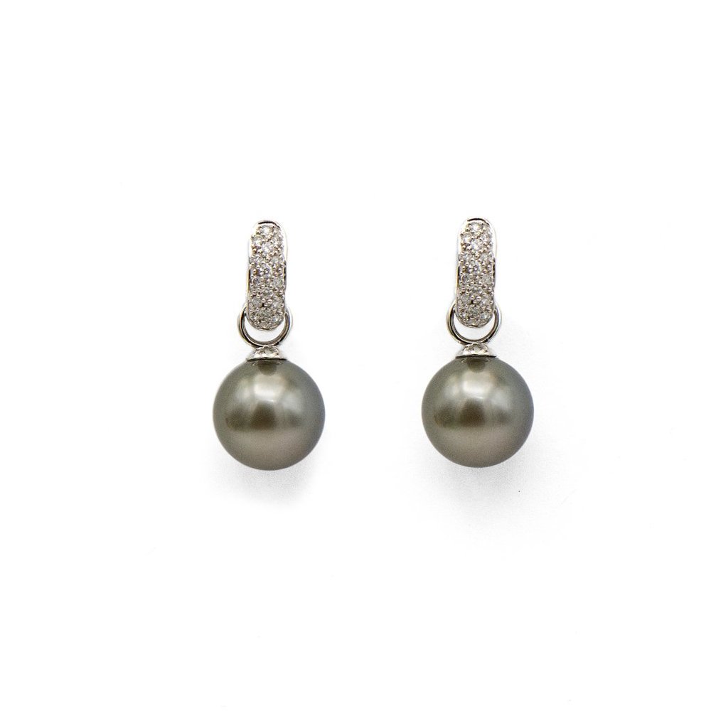 14k White Gold Pearl & Diamond Huggie Earrings
